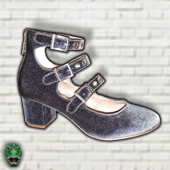 CHARLES by Charles David Dark Lolita Goth Gray Velvet Strappy Buckle Caged Block - Picture 3 of 7